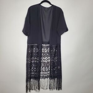 Meshe Crochet Lace Duster XXL Fringe Trim Open Front Long-line Cardigan Boho